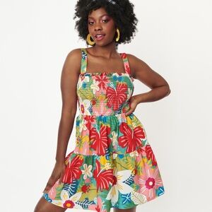 Multicolor Tropical Floral Smocked Flare Dress